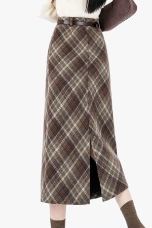 Cute Everyday Outfits, Outfit Inspo Casual Coffee Cream Plaid Midi Skirt