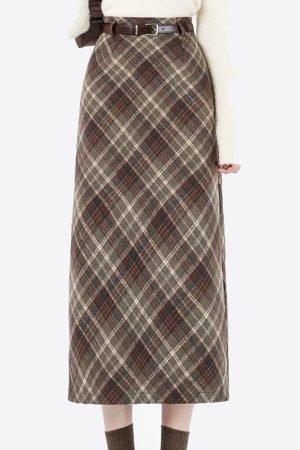 Cute Everyday Outfits, Outfit Inspo Casual Coffee Cream Plaid Midi Skirt