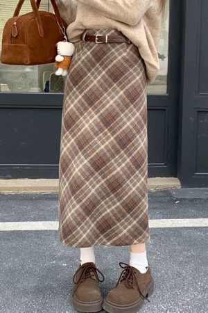Cute Everyday Outfits, Outfit Inspo Casual Coffee Cream Plaid Midi Skirt