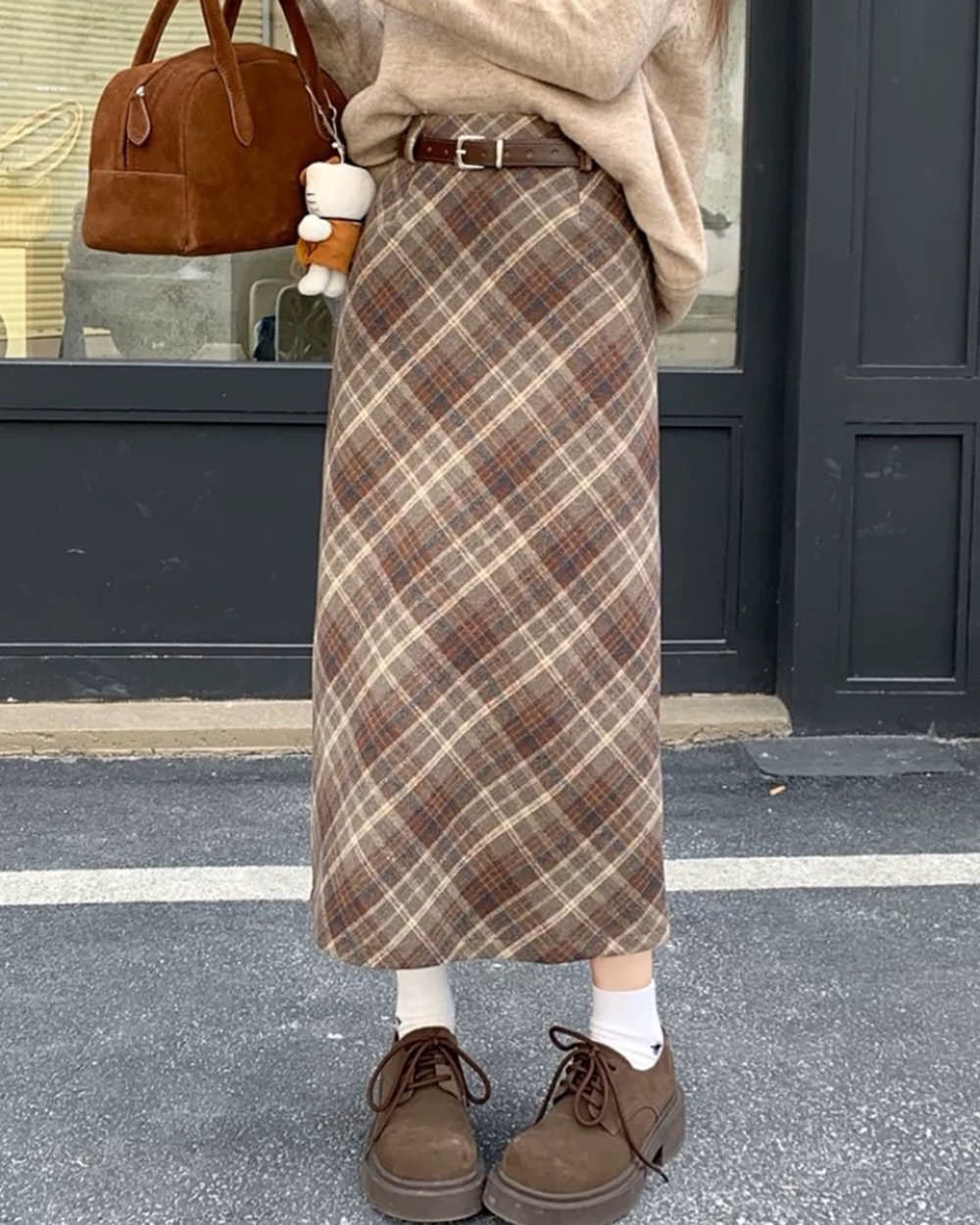 Cute Everyday Outfits, Outfit Inspo Casual Coffee Cream Plaid Midi Skirt Cute Everyday Outfits, Outfit Inspo Casual Coffee Cream Plaid Midi Skirt