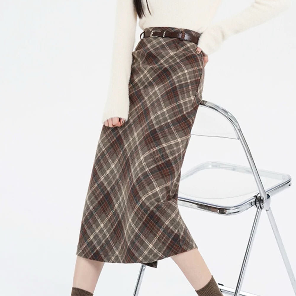 Cute Everyday Outfits, Outfit Inspo Casual Coffee Cream Plaid Midi Skirt Cute Everyday Outfits, Outfit Inspo Casual Coffee Cream Plaid Midi Skirt