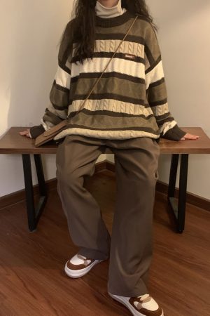 Cute Everyday Outfits, Outfit Inspo Casual Coffee Cream Striped Oversize Sweater