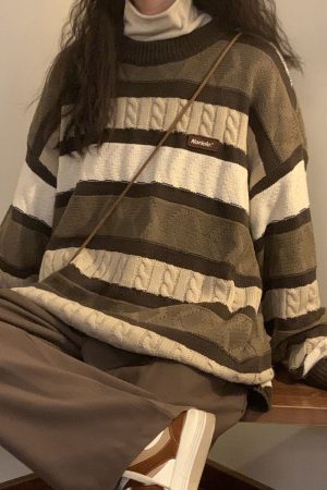 Cute Everyday Outfits, Outfit Inspo Casual Coffee Cream Striped Oversize Sweater