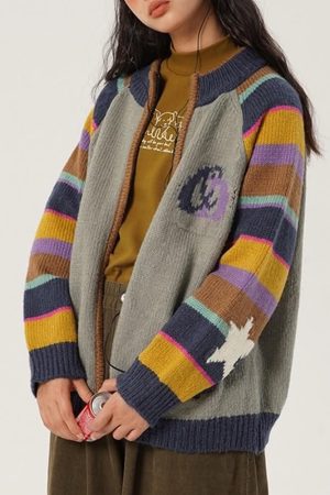 Cute Everyday Outfits, Outfit Inspo Casual Colorful Striped Indie Kid Zip Sweater