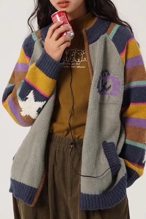 Cute Everyday Outfits, Outfit Inspo Casual Colorful Striped Indie Kid Zip Sweater