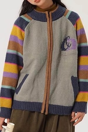 Cute Everyday Outfits, Outfit Inspo Casual Colorful Striped Indie Kid Zip Sweater