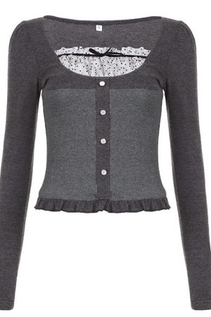 Cute Everyday Outfits, Outfit Inspo Casual Coquette Aesthetic Grey Long Sleeve Top