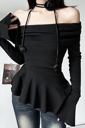 Cute Everyday Outfits, Outfit Inspo Casual Coquette Bardot Top with Rose Choker