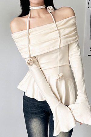 Cute Everyday Outfits, Outfit Inspo Casual Coquette Bardot Top with Rose Choker