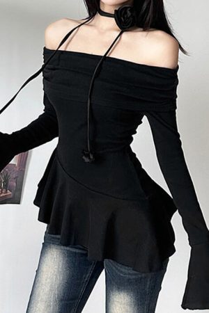 Cute Everyday Outfits, Outfit Inspo Casual Coquette Bardot Top with Rose Choker