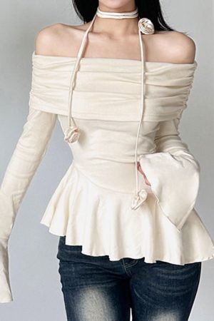 Cute Everyday Outfits, Outfit Inspo Casual Coquette Bardot Top with Rose Choker