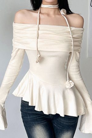 Cute Everyday Outfits, Outfit Inspo Casual Coquette Bardot Top with Rose Choker