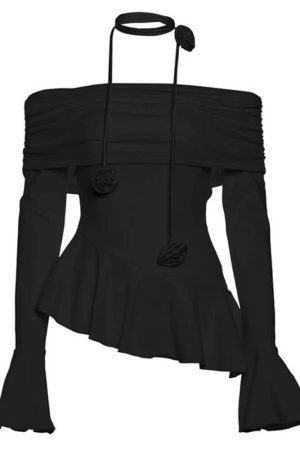 Cute Everyday Outfits, Outfit Inspo Casual Coquette Bardot Top with Rose Choker