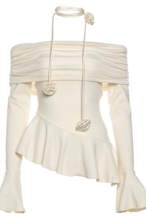 Cute Everyday Outfits, Outfit Inspo Casual Coquette Bardot Top with Rose Choker