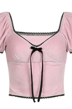 Cute Everyday Outfits, Outfit Inspo Casual Coquette Bow Velvet Crop Top