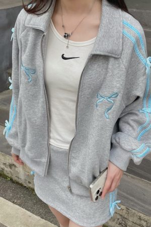 Cute Everyday Outfits, Outfit Inspo Casual Coquette Bows Side-Stripe Track Jacket