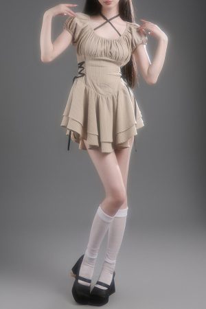 Cute Everyday Outfits, Outfit Inspo Casual Coquette Mini Dress in Beige