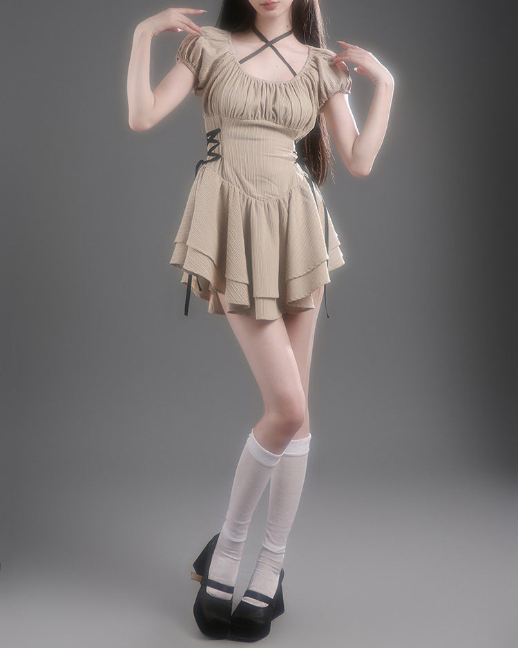 Cute Everyday Outfits, Outfit Inspo Casual Coquette Mini Dress in Beige Cute Everyday Outfits, Outfit Inspo Casual Coquette Mini Dress in Beige