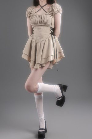 Cute Everyday Outfits, Outfit Inspo Casual Coquette Mini Dress in Beige