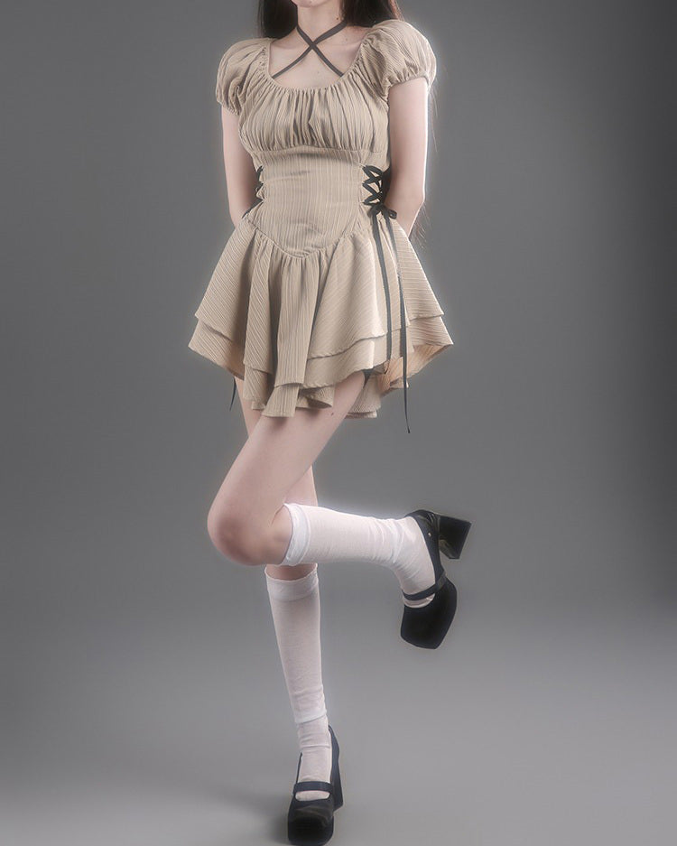 Cute Everyday Outfits, Outfit Inspo Casual Coquette Mini Dress in Beige Cute Everyday Outfits, Outfit Inspo Casual Coquette Mini Dress in Beige