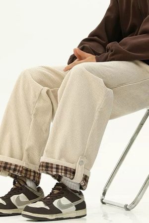 Cute Everyday Outfits, Outfit Inspo Casual Cord Wide-Leg Pants with Plaid Cuffs