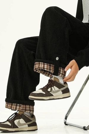 Cute Everyday Outfits, Outfit Inspo Casual Cord Wide-Leg Pants with Plaid Cuffs