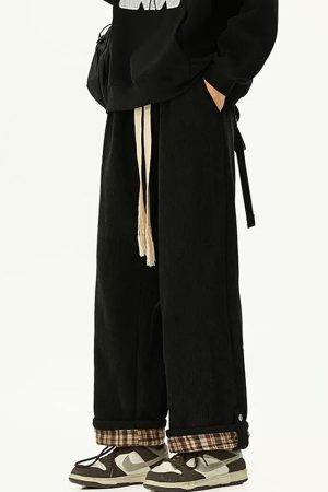 Cute Everyday Outfits, Outfit Inspo Casual Cord Wide-Leg Pants with Plaid Cuffs