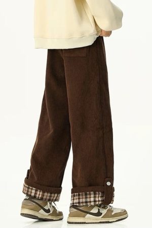 Cute Everyday Outfits, Outfit Inspo Casual Cord Wide-Leg Pants with Plaid Cuffs