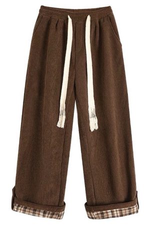 Cute Everyday Outfits, Outfit Inspo Casual Cord Wide-Leg Pants with Plaid Cuffs