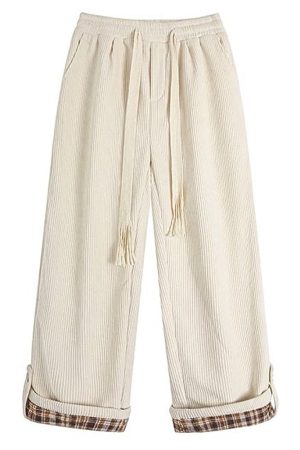 Cute Everyday Outfits, Outfit Inspo Casual Cord Wide-Leg Pants with Plaid Cuffs