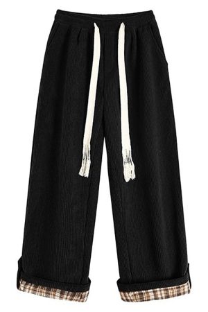 Cute Everyday Outfits, Outfit Inspo Casual Cord Wide-Leg Pants with Plaid Cuffs