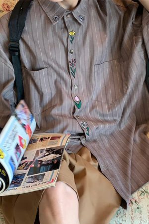 Cute Everyday Outfits, Outfit Inspo Casual Cottage Floral Embroidery Striped Shirt