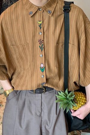 Cute Everyday Outfits, Outfit Inspo Casual Cottage Floral Embroidery Striped Shirt