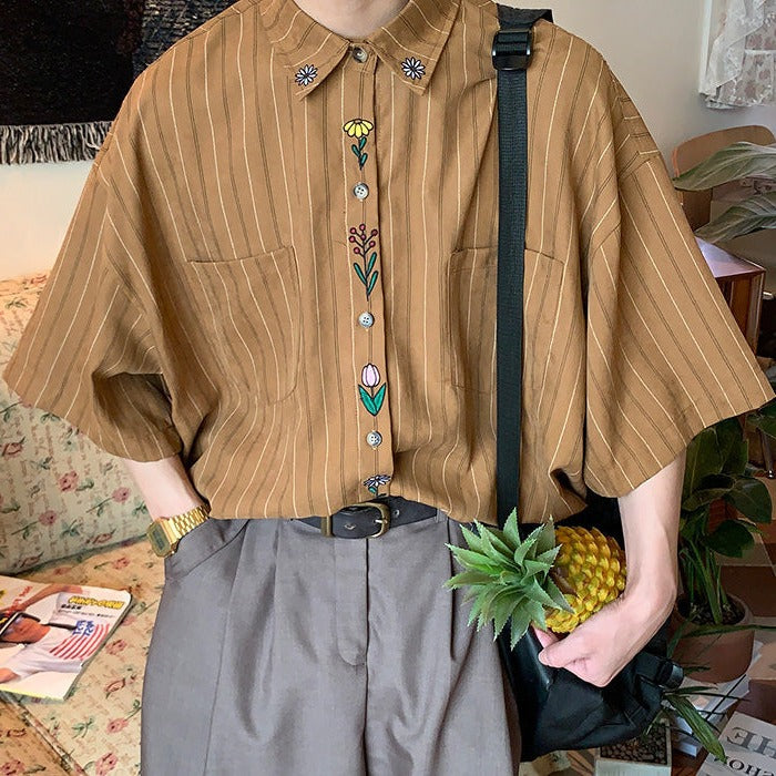 Cute Everyday Outfits, Outfit Inspo Casual Cottage Floral Embroidery Striped Shirt