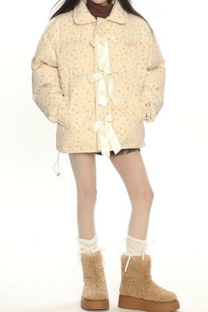 Cute Everyday Outfits, Outfit Inspo Casual Cottagecore Cream Floral Padded Jacket