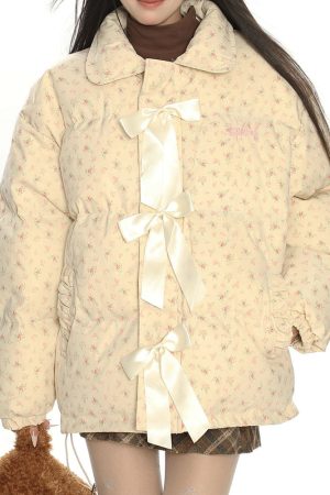 Cute Everyday Outfits, Outfit Inspo Casual Cottagecore Cream Floral Padded Jacket