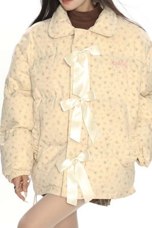 Cute Everyday Outfits, Outfit Inspo Casual Cottagecore Cream Floral Padded Jacket