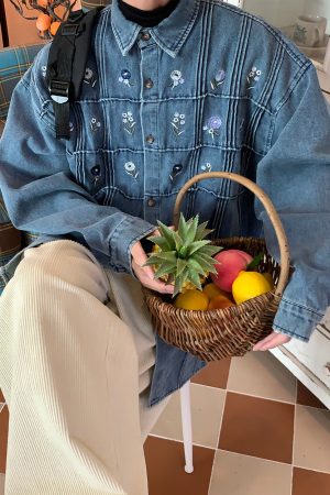 Cute Everyday Outfits, Outfit Inspo Casual Cottagecore Floral Embroidery Denim Jacket