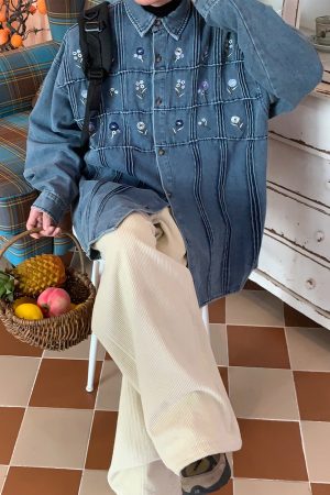 Cute Everyday Outfits, Outfit Inspo Casual Cottagecore Floral Embroidery Denim Jacket