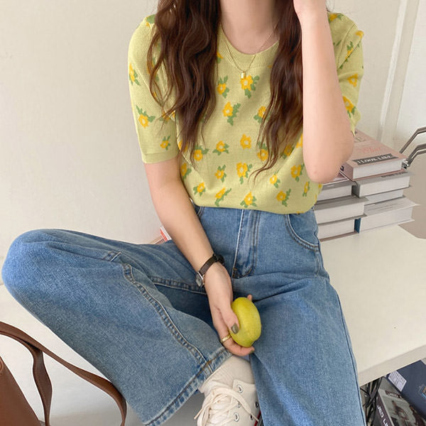 Cute Everyday Outfits, Outfit Inspo Casual Cottagecore Floral Knit T-Shirt Cute Everyday Outfits, Outfit Inspo Casual Cottagecore Floral Knit T-Shirt