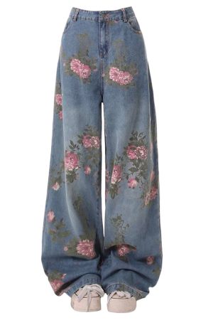 Cute Everyday Outfits, Outfit Inspo Casual Cottagecore Rose Print Wide Jeans