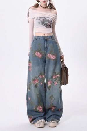 Cute Everyday Outfits, Outfit Inspo Casual Cottagecore Rose Print Wide Jeans