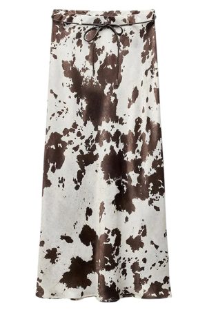 Cute Everyday Outfits, Outfit Inspo Casual Cow Print Satin Maxi Skirt