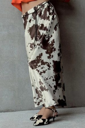 Cute Everyday Outfits, Outfit Inspo Casual Cow Print Satin Maxi Skirt