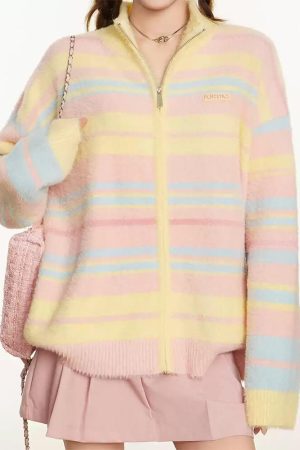 Cute Everyday Outfits, Outfit Inspo Casual Danish Pastel Striped Zip-Up Jumper