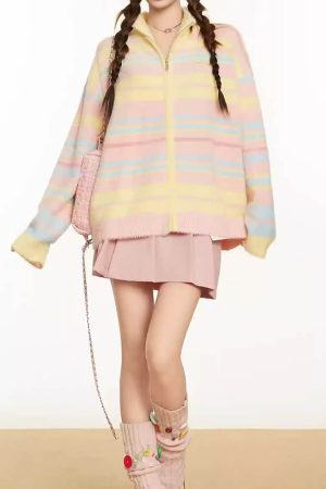 Cute Everyday Outfits, Outfit Inspo Casual Danish Pastel Striped Zip-Up Jumper
