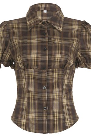 Cute Everyday Outfits, Outfit Inspo Casual Dark Academia Puff Sleeve Plaid Shirt