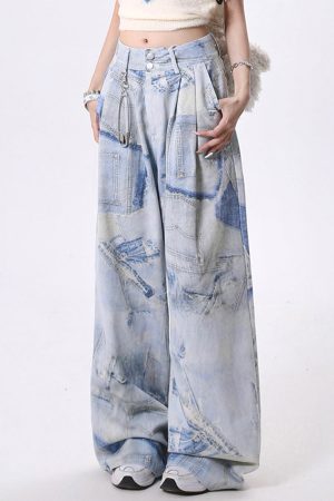 Cute Everyday Outfits, Outfit Inspo Casual Denim Effect Print Trousers