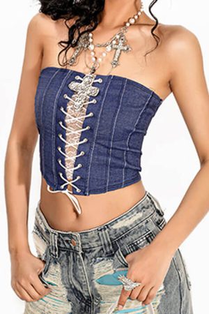 Cute Everyday Outfits, Outfit Inspo Casual Denim Lace-Up Corset Tube Top