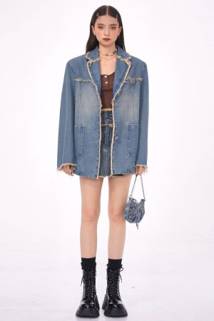 Cute Everyday Outfits, Outfit Inspo Casual Distressed Denim Blazer in Blue